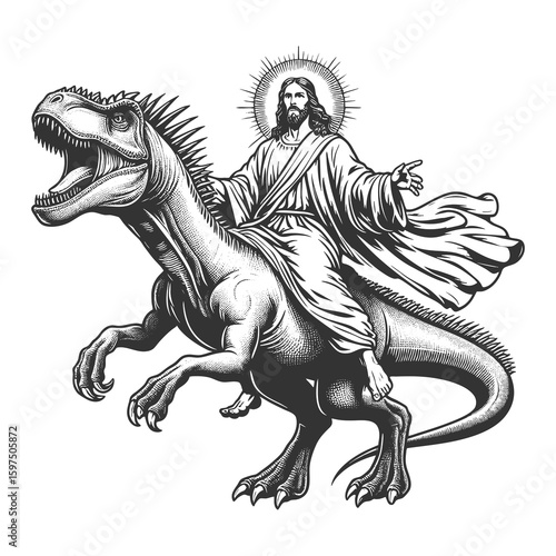 Wallpaper Mural Jesus Christ with halo riding a dinosaur sketch engraving generative ai fictional character raster illustration. Scratch board imitation. Black and white image. Torontodigital.ca
