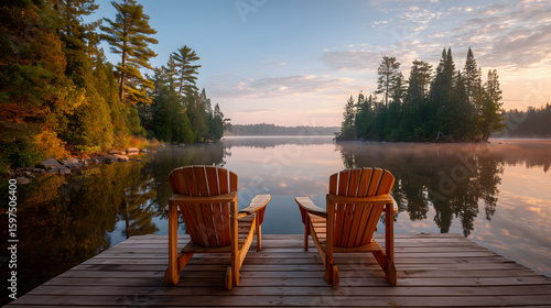 A calm cottage scene in Muskoka, Ontario.	A serene landscape of a wooden cottage dock with two empty Muskoka chairs, looking out onto a calm lake during a Canadian summer.
