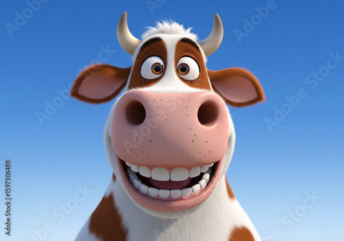 Otis the cartoon cow smiling widely against a blue sky