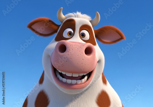 Smiling Cartoon Cow Character Against Blue Sky