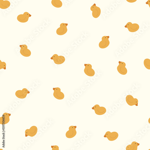 Seamless pattern with small yellow ducks on light background. Vector illustration with cute animals.