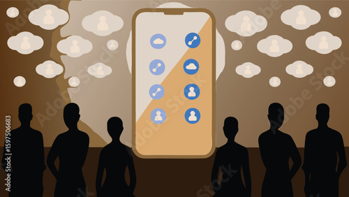 Silhouetted figures watch a smartphone with cloud and user icons under cloud shaped lights