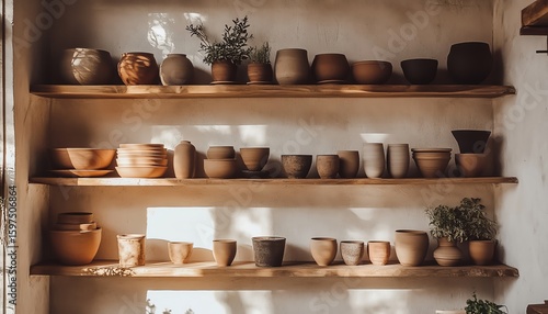 Wallpaper Mural Artful display of handmade pottery on shelves. Torontodigital.ca