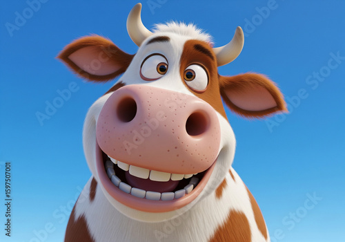 Close-up of a happy cartoon cow smiling widely