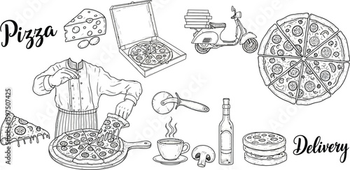 Hand drawn pizza making and delivery service elements with transparent background