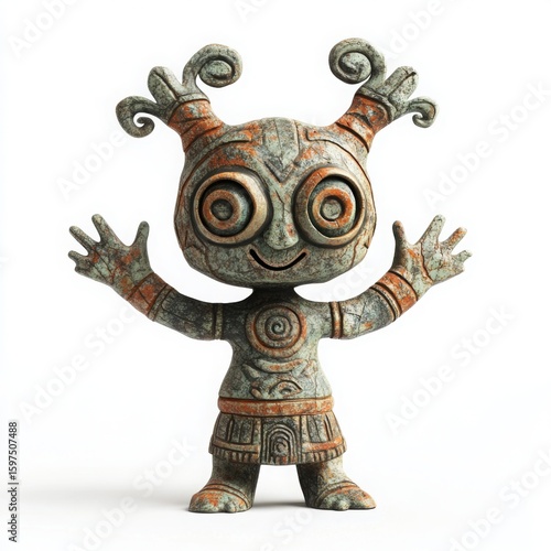 Smiling figurine raising arms with spiral decorations on white background