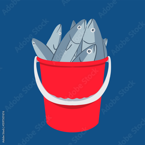 Vector illustration of a red bucket filled with fresh fish. Perfect for seafood, fishing industry, market, or culinary-related visuals. Clean and modern flat design.
