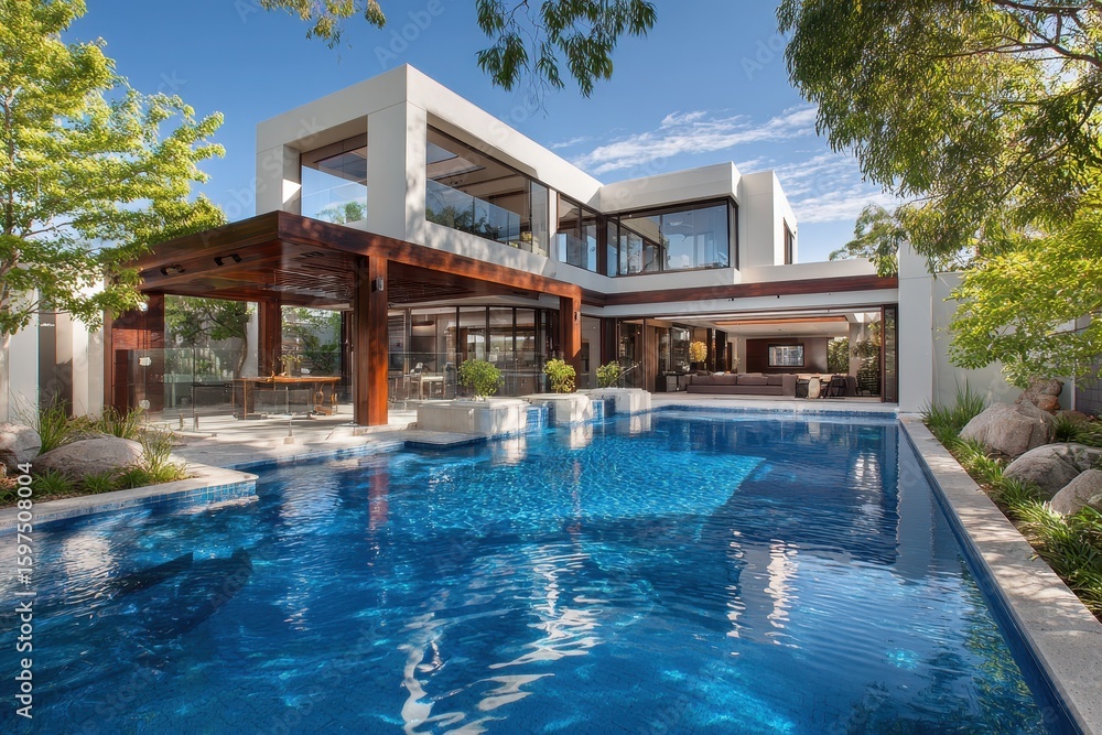 Fototapeta premium Modern Mansion Pool. Beautiful Backyard Poolside of Modern Home