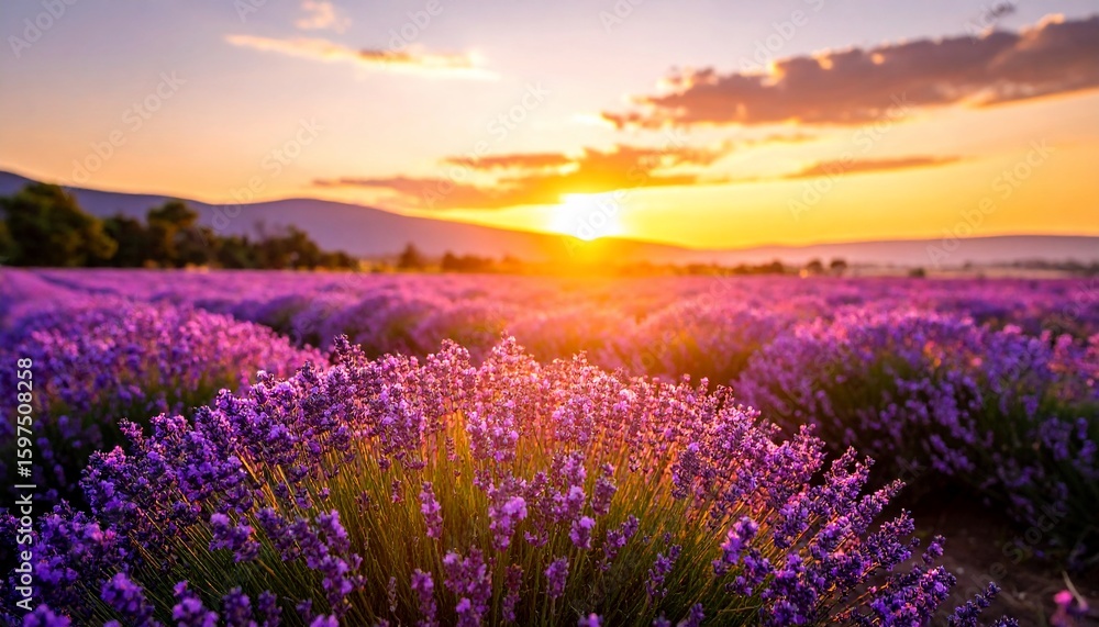 Naklejka premium Lavender Sunset: A Serene Field of Purple at Golden Hour