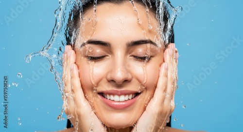 A smiling woman washes her face with splashing water against a vibrant blue background
