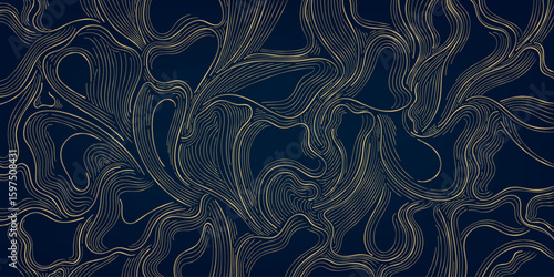 Vector golden line neo japanese minimalist style pattern, abstract organic wave texture. Wood, ocean soft background, elegant luxury graphic design
