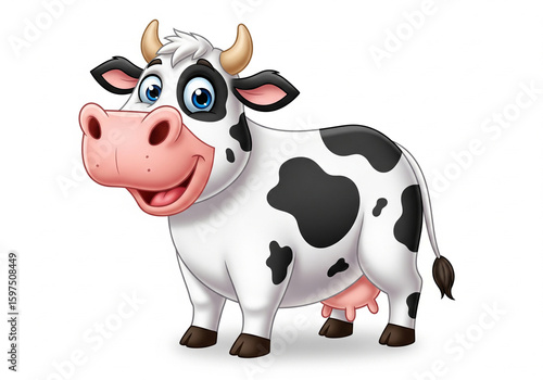 Happy Cartoon Cow with Black Spots and Blue Eyes Standing