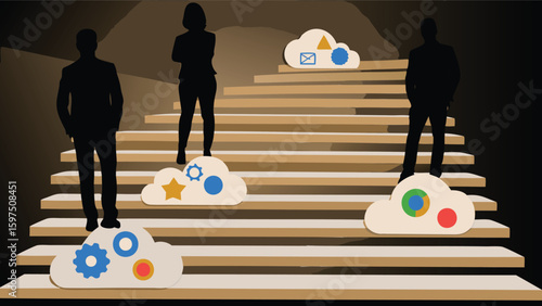 Silhouetted figures ascend staircase with cloud icons representing digital transformation journey