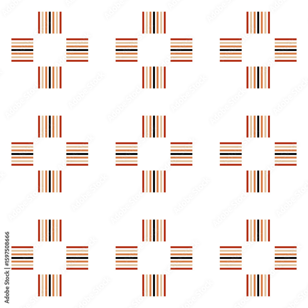 A seamless pattern of abstract checkered patterns consisting of vertical and horizontal lines in a combination of dark brown, light brown, brick red, and cream.