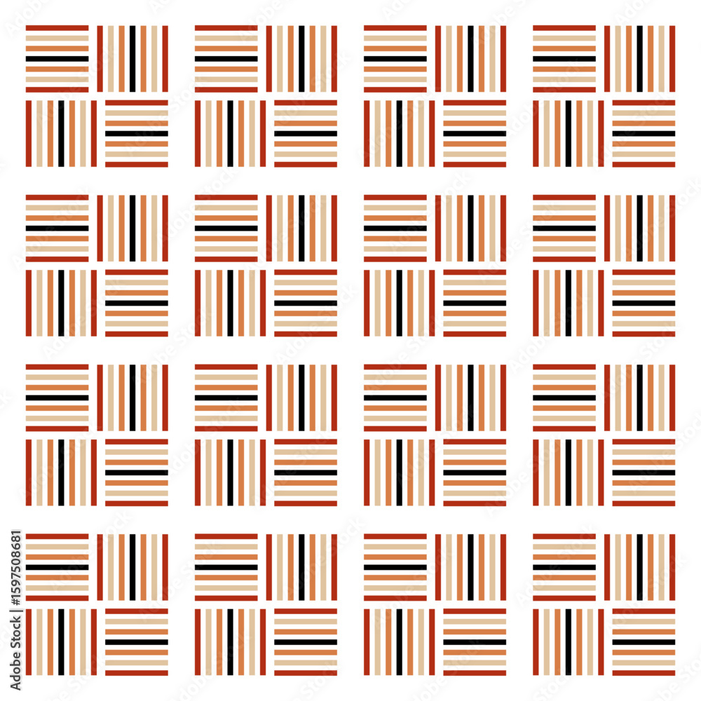 A seamless pattern of abstract checkered patterns consisting of vertical and horizontal lines in a combination of dark brown, light brown, brick red, and cream.