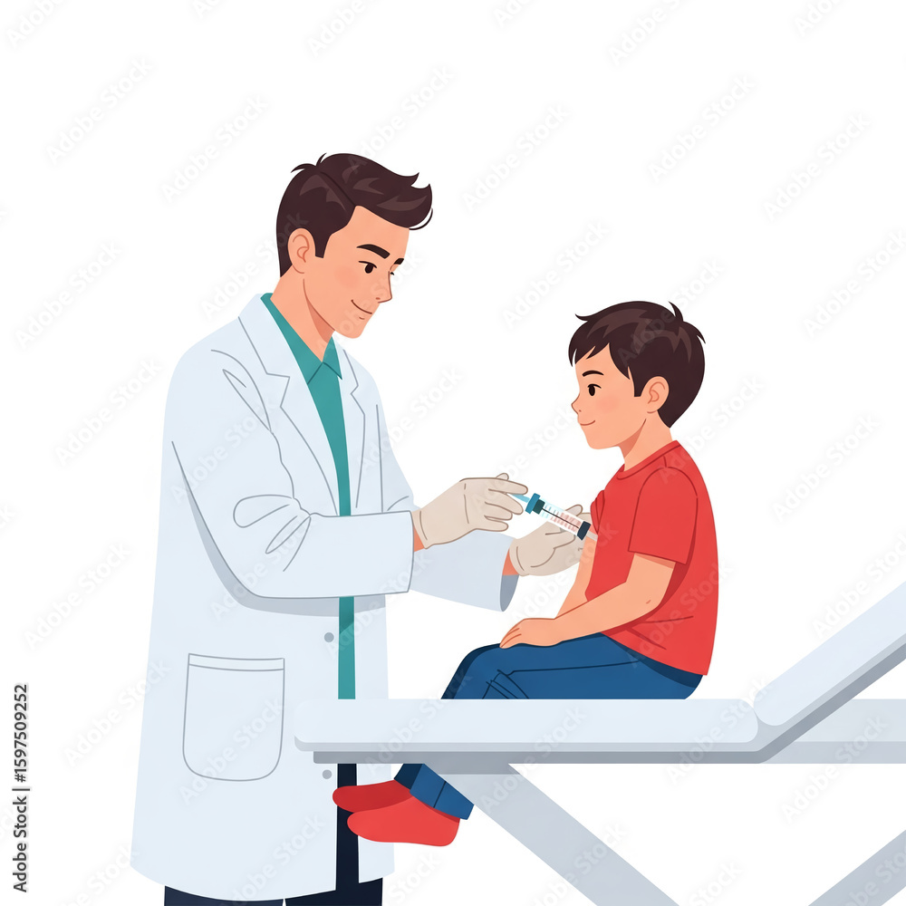 Obraz premium A doctor in a white coat prepares to give a young boy a vaccination in his arm.