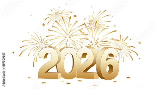 2026 gold 3D logo, New Year number isolated with fireworks