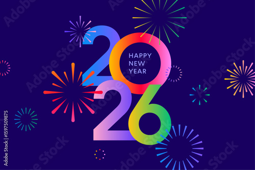 2026 New Year card, colorful fireworks poster background