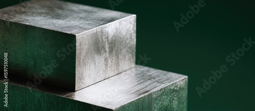Two stacked, weathered metal cubes on a dark green background