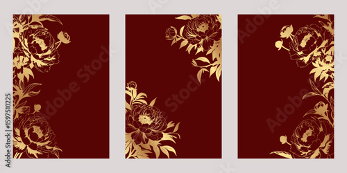 set of wedding invitations or greeting cards with golden peonies flowers on a red background