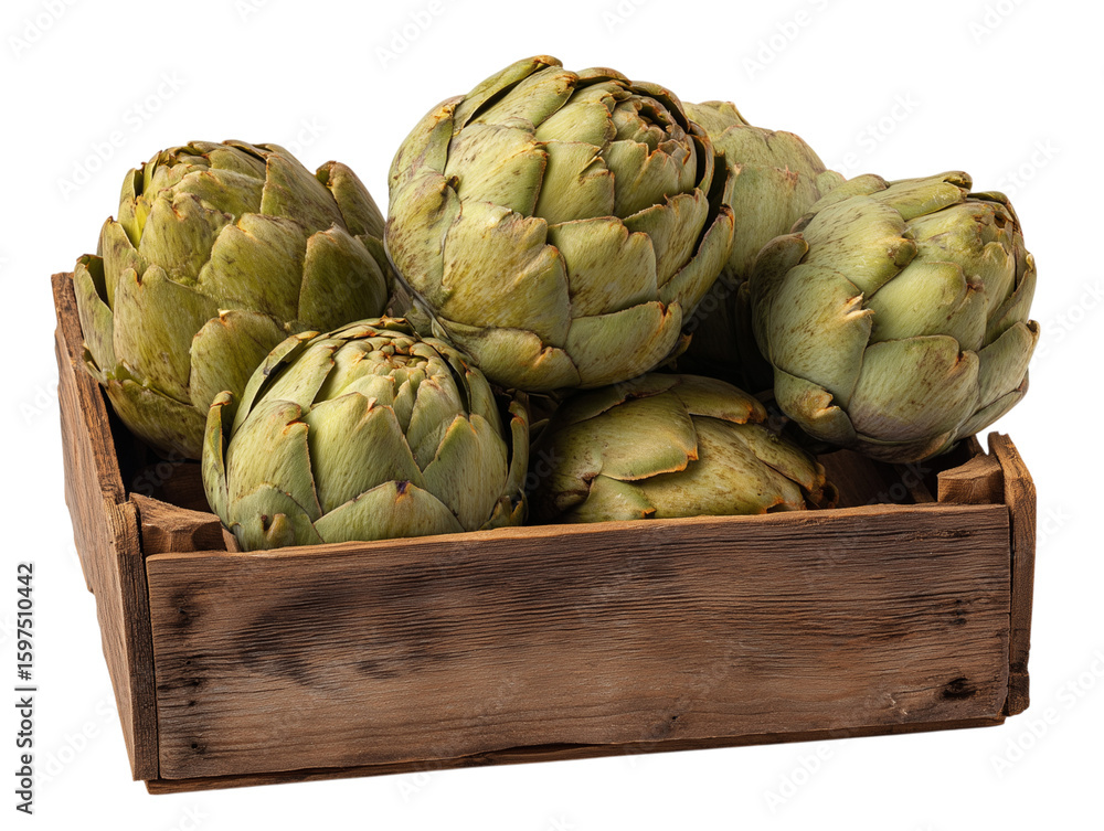 Obraz premium A rustic wooden box overflowing with a bounty of fresh, green artichokes