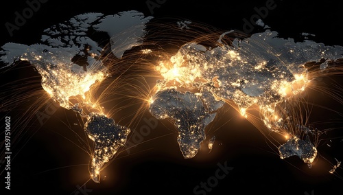 Global map, illuminated city lights, connected by lines