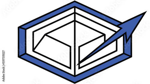 Isometric cube with a blue outline and a blue arrow shooting out of the upper right corner design