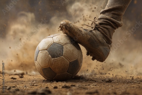 A close-up of a dirty soccer ball being kicked