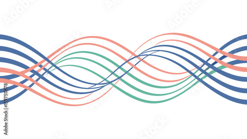 Abstract curved lines in blue green and pink creating a wave pattern on white background