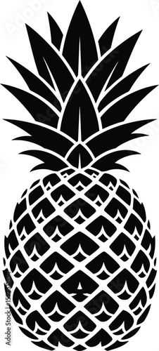 Stylized Black and White Pineapple Silhouette Tropical Fruit Design Featuring Intricate Geometric Patterns and Sharp Leafy Crown for Creative Projects