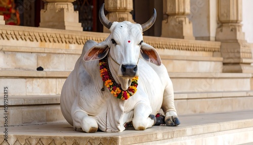 Sacred white cow at temple steps