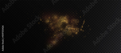 Festive golden bokeh with soft highlights and shimmering dust bright light effect on dark background.
