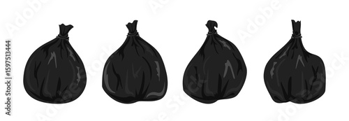 Four black garbage bags containing trash are ready for disposal