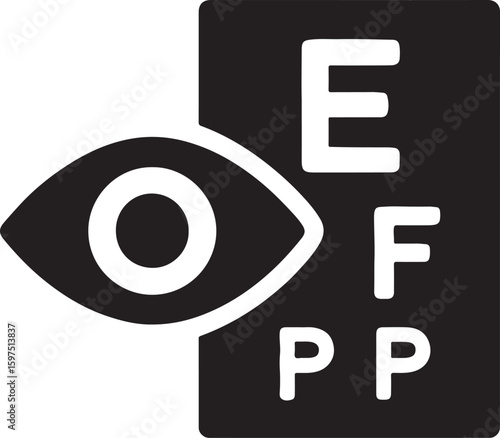 Silhouette vector of vision test icon featuring eye chart symbol for optometry, eyesight exam, and eye care.