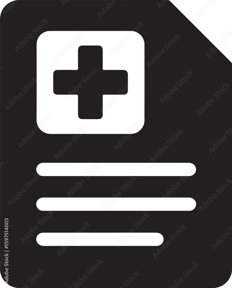 Fototapeta premium Silhouette vector of medical report with cross icon representing health records, diagnosis, and patient care.