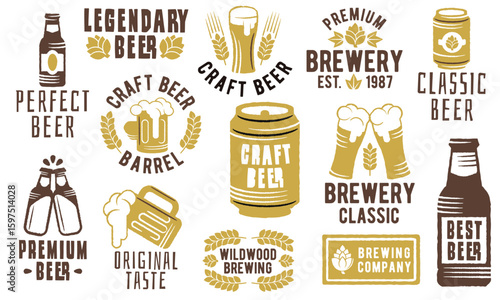 Beer logos. Large set of Beer trendy minimal logos. Example: Bottle, Can, Mug, Hops, Barrel, Glass, Brewery icon. Suitable for packaging, signage, branding or web use. Vector illustration.