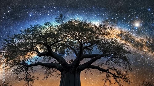Majestic baobab tree under a starry night sky