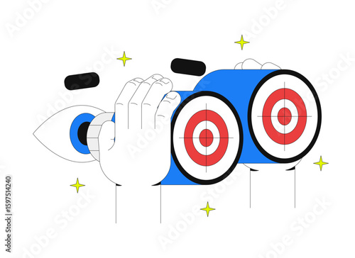 Strategy vision 2D onboarding ui illustration. Binoculars focused on bullseye targets. Goal clarity precision in business marketing cartoon concept isolated on white. Flat abstract vector metaphor