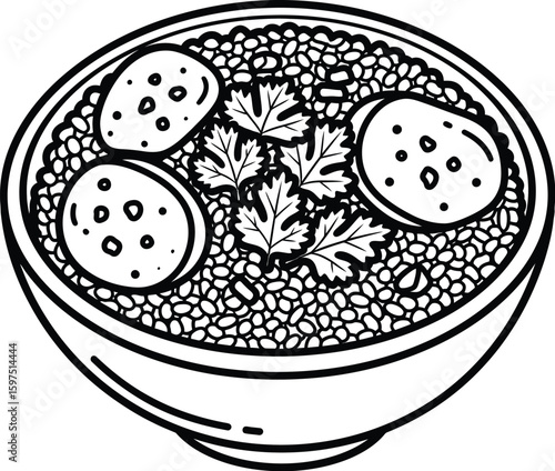 Drawing of falafel bowl with cilantro and grains is ready to be colored