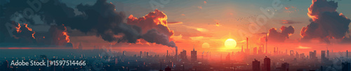 city skyline at sunset, with striking clouds and smoke blending in a colorful polluted sky. Generative ai vector illustration. 