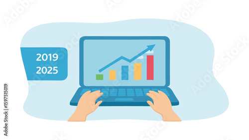 Laptop screen showing a bar graph with an upward trending arrow and hands typing on the keyboard