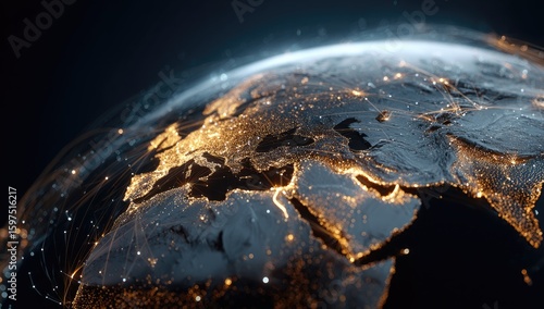 Detailed close-up of a stylized Earth, highlighting Europe and the Middle East.  Global network of light streaks