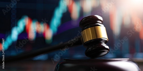 Gavel on a stand, with blurred stock market graphs