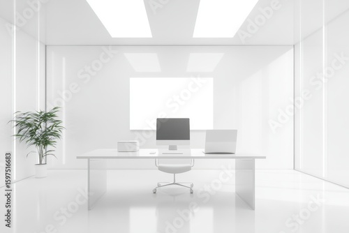 White office with a desk and two computer monitors. A potted plant sits on the desk. Workplace in white loft office.
