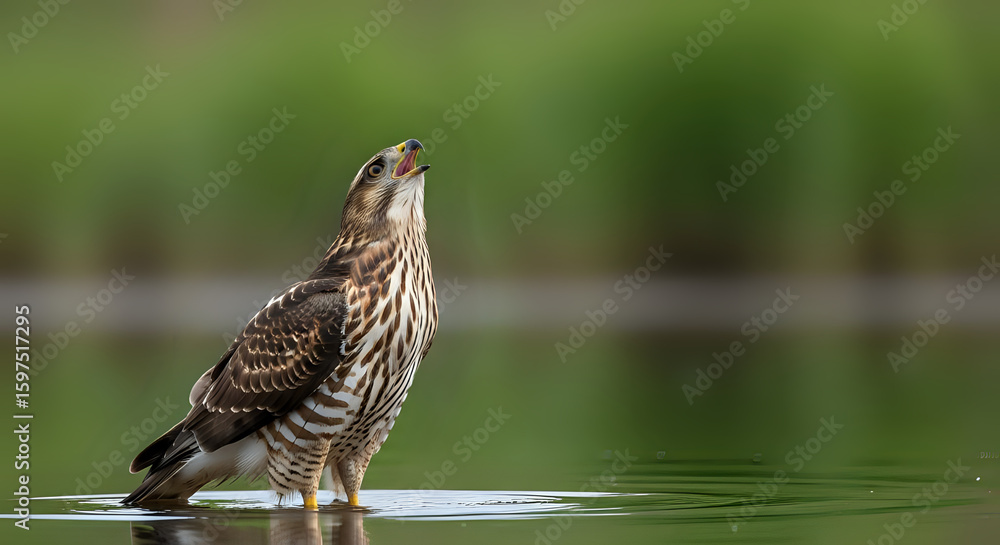 Fototapeta premium A brown and white hawk standing in shallow water with its beak open against a green background