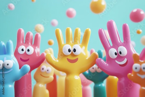 Group of colorful cartoon hands are waving at the camera. Cartoon characters hands on hands cooperation and colleagues, 3d rendering.