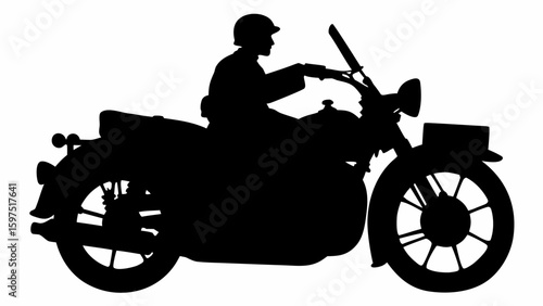 Silhouette of a man wearing a helmet riding a classic motorcycle with a windshield and front light