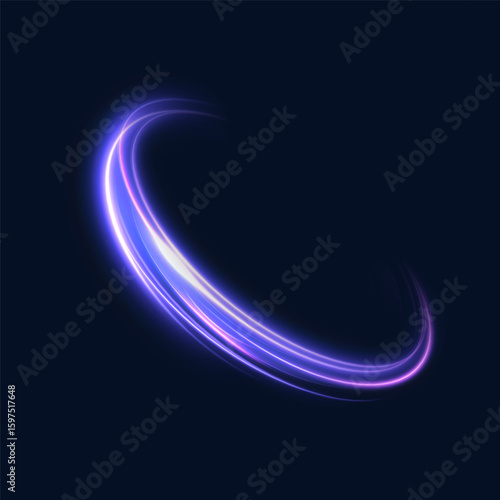 Bright elliptical ring with soft purple glow. Suitable for visualization of signals, portals, energy and digital effects. Vector effect on a dark background.