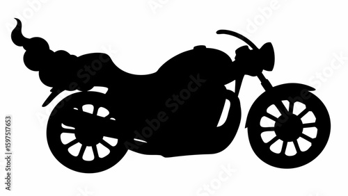 Silhouette of a motorcycle with detailed wheels and a unique exhaust design on a plain white background