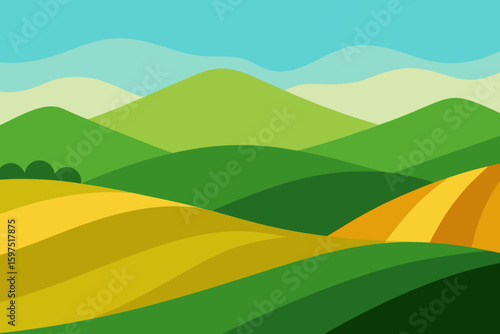 Rolling green hills and golden fields under a blue sky